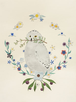 Justin L'Amie, Snowy Owl with Fir Branch, collage watercolor, gouache, and sumi ink on paper, 24" x 18 1/16"