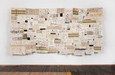 Marie Watt (Seneca and German-Scot, b. 1967). Companion Species (Remembering Song), 2021. Reclaimed wool blankets, embroidery floss, thread. Gochman Family Collection. Image courtesy of the artist. Photo: Kevin McConnel.