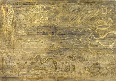 Nancy Lorenz, Field, 2018, gold leaf and clay on wood panel, 84" x 120"
