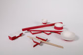 Red and White Sushi Platform with Three Cups and Two Chopstick Holders