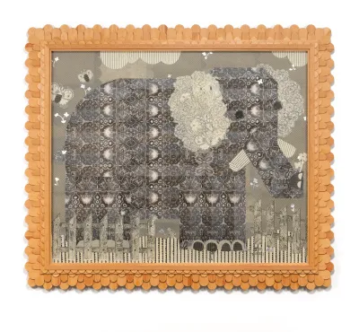Jeffry Mitchell, The Elefant, 2023, lithograph, collage, aluminum leaf, fir frame, 72" x 84"