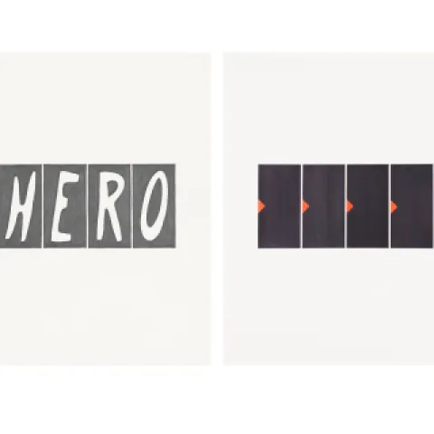 Victoria Haven, The Heroines' Alphabet/Hero_05, 2026, graphite on paper, 14” x 11” (16” x 13” framed) Victoria Haven, HERO/Elevation (linguistic architecture), 2026. ink on paper, 14” x 11” (16” x 13” framed)
