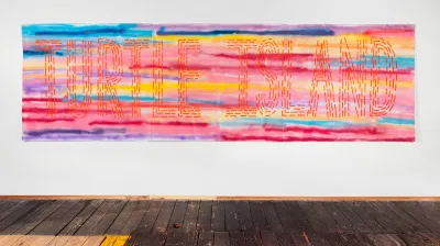 Marie Watt, Study for Companion Species (Acknowledgment), 2021. 41×141 in.. Canvas, spray paint, Flashe Photograph by Kevin McConnell