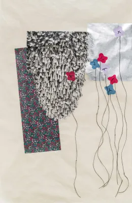 Marie Watt, Vivid Dream (Liberty), 2023, photogravure on gampi with calico fabric, collage, string, silver leaf, 31 1/2 x 19 inches Sheet, Edition 1/10, Published by Mullowney Printing Company, Portland, OR ©Marie Watt, Courtesy of the Artist and Mullowney Printing. 