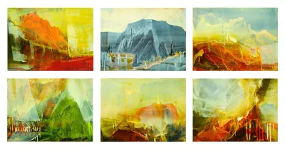 James Lavadour (b. 1951), Land of Origin, 2015, oil on panel, 6 panels; overall: 39 x 78 in. Jane and Spencer Beebe Family Trust.