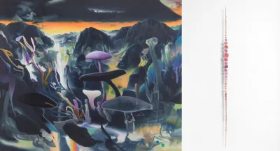 Left: Adam Sorensen, Dusk, 2022 oil on linen 42” x 50” Right: Ellen George, Tender (rose), 2016, polymer clay, ink, wood, 26 ¾" x 1" x ¼" Left: Adam Sorensen, Dusk, 2022 oil on linen 42” x 50” Right: Ellen George, Tender (rose), 2016, polymer clay, ink, wood, 26 ¾" x 1" x ¼"