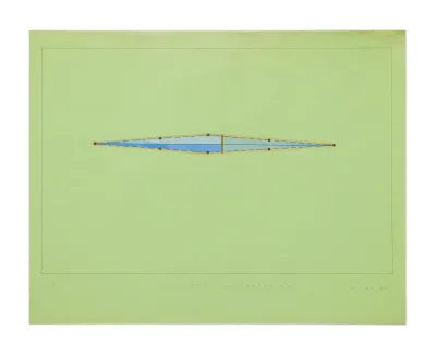 D. E. May (American, 1952-2019), Untitled (Mill Race to Footbridge), 1980, pattern paper, colored pencil, and graphite on found paper, 17 5/8 x 23 1/2 inches, Courtesy of PDX CONTEMPORARY ART, Portland. Photo credit: Mario Gallducci.