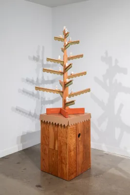 Jeffry Mitchell, Christmas Tree on a Birdhouse, 2025, painted fir with porcelain ornaments-Photo: Mario Gallucci