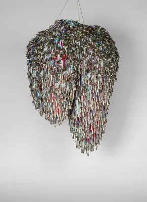 Marie Watt (Seneca, b. 1967). Sky Dances Light (Chorus) XIX, 2023-24. Tin jingles, polyester twill tape, polyester mesh, and steel, 60 x 48 x 48" Courtesy of the artist and Marc Straus Gallery. © Marie Watt