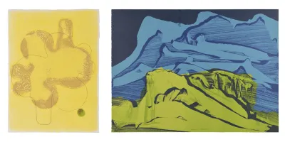 Iván Carmona (American, born 1973), Hojas, 2024, monoprint, series of five printed on Somerset satin white paper, printed by Austin Armstrong, 15 x 11 inches each, Crow’s Shadow Print Archive, CSP 24-306 (CSPI 2). Dale Peterson. James Lavadour, (Walla Walla, born 1951), Spring 2023, 2024, ed. 20, seven-color lithograph on Somerset Satin white paper, printed by Judith Baumann, 25 x 34 inches, Crow’s Shadow Print Archive, CSP 22-103 (CSPI 2). Photo: Dale Peterson. Iván Carmona (American, born 1973), Hojas, 2024, monoprint, series of five printed on Somerset satin white paper, printed by Austin Armstrong, 15 x 11 inches each, Crow’s Shadow Print Archive, CSP 24-306 (CSPI 2). Dale Peterson. James Lavadour, (Walla Walla, born 1951), Spring 2023, 2024, ed. 20, seven-color lithograph on Somerset Satin white paper, printed by Judith Baumann, 25 x 34 inches, Crow’s Shadow Print Archive, CSP 22-103 (CSPI 2). Photo: Dale Peterson.