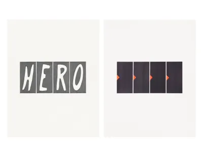 Victoria Haven, The Heroines' Alphabet/Hero_05, 2026, graphite on paper, 14” x 11” (16” x 13” framed) Victoria Haven, HERO/Elevation (linguistic architecture), 2026. ink on paper, 14” x 11” (16” x 13” framed)